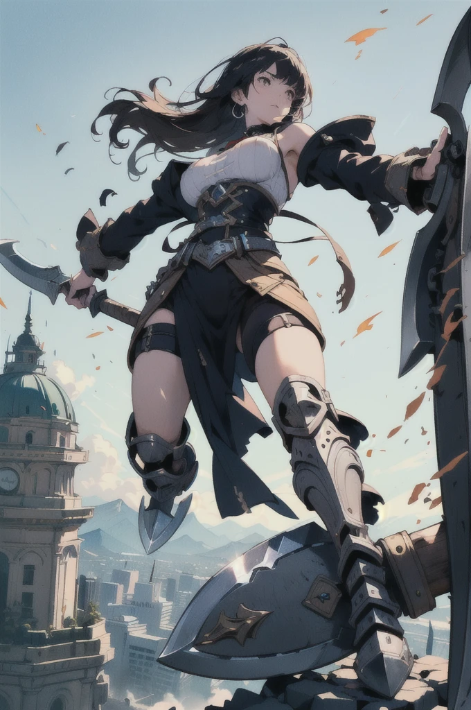 ((Fight))), Detailed face, Angle from below, (((mechanical, Complex body, She uses her giant axe to attack against giant god weapons.))), Droopy eyes, Sleepy face, Leg spread, Small breasts, (Thin thighs), ((Hello)), (Flying over the city), inflammation, ((Destroy the city)),