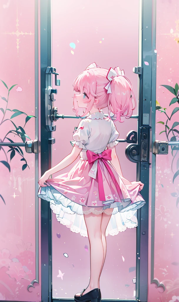 (masterpiece:1.2), best quality, highres, original, (extremely detailed:1.2), ultra-detailed, wallpaper, perfect lighting,(extremely detailed CG:1.2), 8k, 1girl, solo, kawaii, (twintails, pink hair:1.1), (Lolita Fashion, pink dress, short-sleeves, bowknot on waistline, lace hemline, knee-length dress, delicate dress:1.2), (anatomically correct:1.3), standing, close-up, from behind, view of back, (dreamlike background, pink background, girly background:1.2)