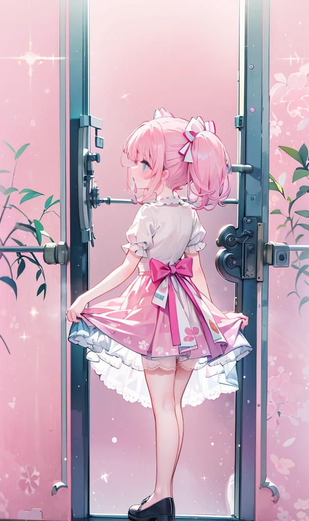 (masterpiece:1.2), best quality, highres, original, (extremely detailed:1.2), ultra-detailed, wallpaper, perfect lighting,(extremely detailed CG:1.2), 8k, 1girl, solo, kawaii, (twintails, pink hair:1.1), (Lolita Fashion, pink dress, short-sleeves, bowknot on waistline, lace hemline, knee-length dress, delicate dress:1.2), (anatomically correct:1.3), standing, close-up, from behind, view of back, (dreamlike background, pink background, girly background:1.2)