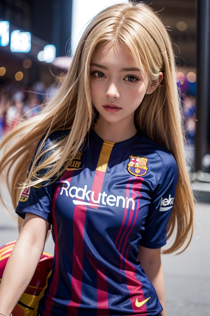 {{{FCBarcelona}}}, {{nike soccer jerseys}}, {{{best quality}}}, {{{realistic}}}, {{{Detailed facial description}}}, realistic 눈동자, blonde long hair, {{beautiful western beauty}}, female, realistic 유니폼 주름, {{{Barcelona}}, {{{soccer stadium}}}, Sponsor's name is Rakuten, {{{busty}}}, {{{uniform is wet}}}, {{{Nipples are shining}}}, {{{sexy pose}}}, The whole body is visible, angle looking from top to bottom