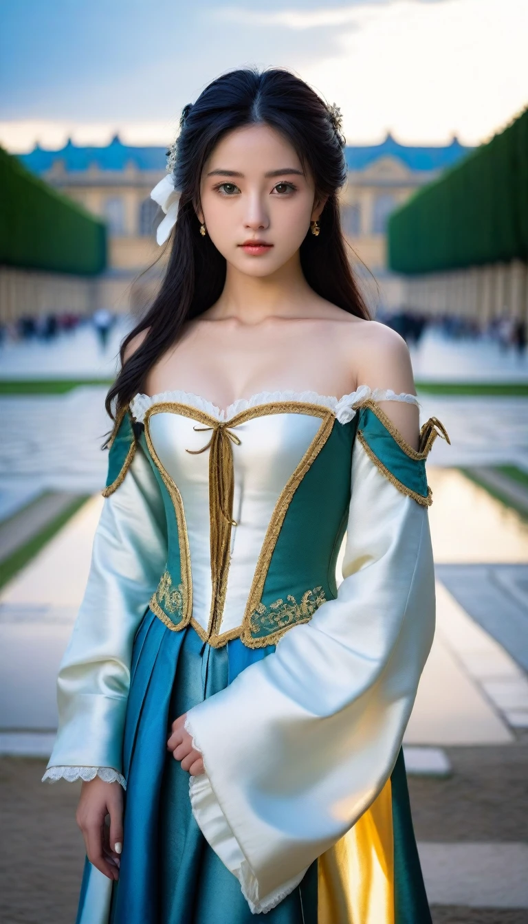 8k, Ultra-high resolution, Highest quality, masterpiece, 三分割法によるphotograph,Surreal, photograph, 1 Girl, (16 years old:1.3), pretty girl, Cute Face, Beautiful eyes in every detail, 細かくdetailedに,masterpiece,One Girl:1.2, Japan Female Announcer,upper body,disgust,Long black hair,Pulled back hair,(Dressed in medieval European clothing:1.3),(印象派の美しい少女のPortraiture), (Standing in the square of the Palace of Versailles:1.3), (After the Rain), (Sunset reflection), (Impressionist light and colour),Realistic Skin, Perfect and beautiful face ,完璧でCute Face, Skin with attention to detail, Perfect limbs、Narrow waist,Looking at the audience、beauty,Long neck,clavicle,(((Ideal body type))),A cup small breasts :2,Portraiture:2,Perfect Anatomy,鮮明なdetailed,detailed,Surreal,Light and shadow,darkness
