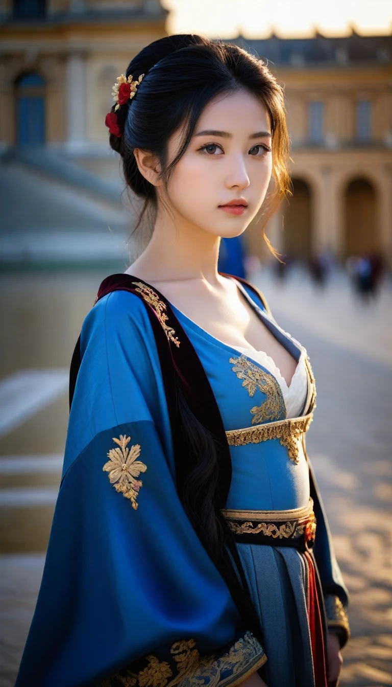 8k, Ultra-high resolution, Highest quality, masterpiece, 三分割法によるphotograph,Surreal, photograph, 1 Girl, (16 years old:1.3), pretty girl, Cute Face, Beautiful eyes in every detail, 細かくdetailedに,masterpiece,One Girl:1.2, Japan Female Announcer,upper body,disgust,Long black hair,Pulled back hair,(Dressed in medieval European clothing:1.3),(印象派の美しい少女のPortraiture), (Standing in the square of the Palace of Versailles:1.3), (After the Rain), (Sunset reflection), (Impressionist light and colour),Realistic Skin, Perfect and beautiful face ,完璧でCute Face, Skin with attention to detail, Perfect limbs、Narrow waist,Looking at the audience、beauty,Long neck,clavicle,(((Ideal body type))),A cup small breasts :2,Portraiture:2,Perfect Anatomy,鮮明なdetailed,detailed,Surreal,Light and shadow,darkness