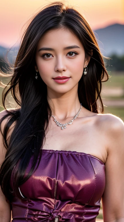 a smile, she has beautiful small eyes and long natural eyelashes, she has small but little full rose lips, (disorganized, High resolution, super detailed), 1 girl, Constellation - Aries Goddess , alone, mature, baroque, long dress, long sleeve, elegant, colorful, most detailed, Upper body , sunset hair . eyes of fire . Brave, purposeful, productive, The face of an enterprising humanitarian .