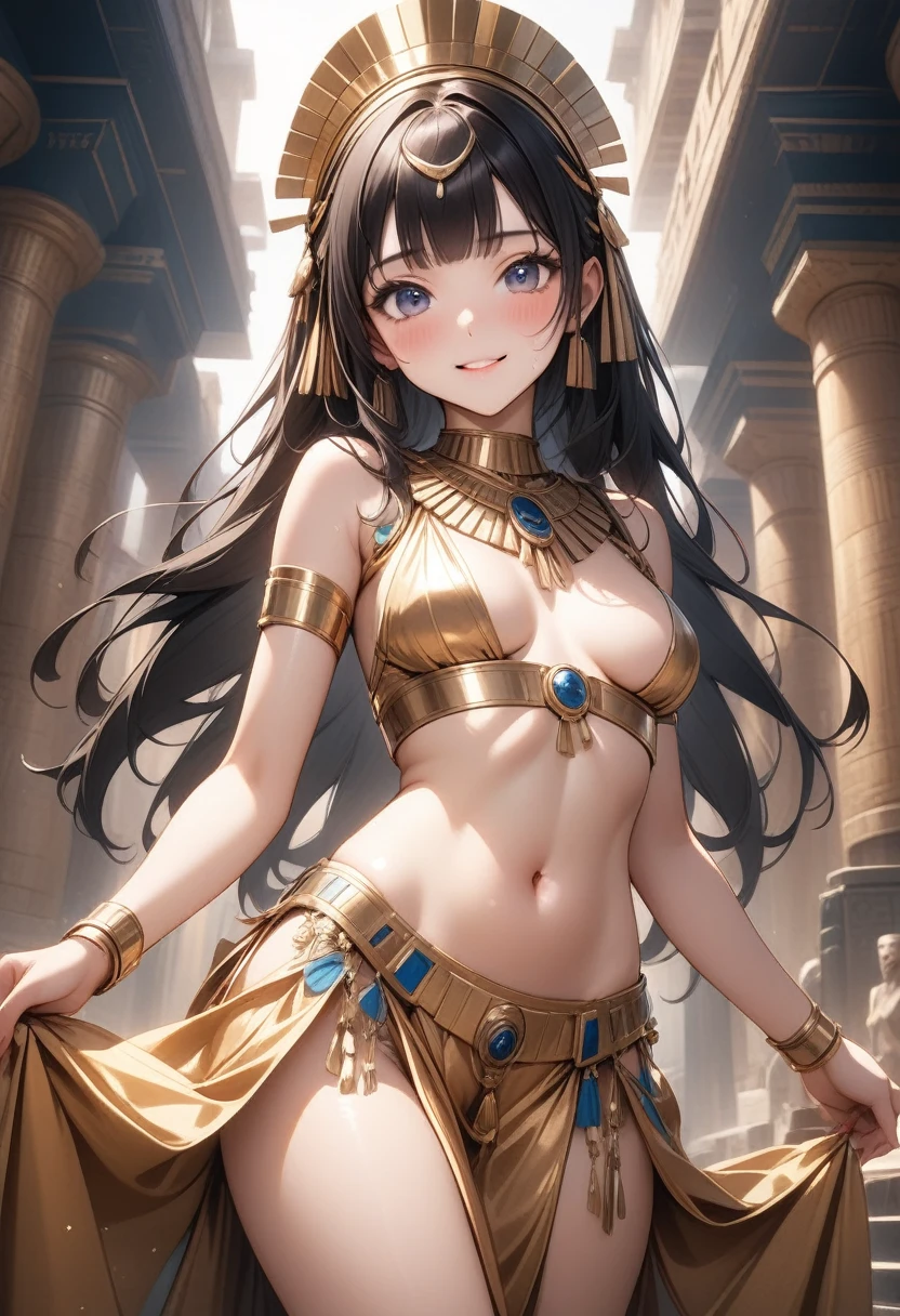 ((Belly Dance Costumes)), ((Gloss Outfit)), skinny, solo, 1 woman, Masterpiece, highest quality, highest quality, 16K, incredibly absurd, highly detailed, 2.5D, ai-generated, delicate and dynamic, very delicate facial expressions, delicate eye depiction, erotic, only sexy woman, ((A cute and kind face)), healthy figure, ((25-year-old woman)), 160cm tall, medium firm swaying bust, blush, Sweat,Embarrassed,sexy, ((thin thighs)), ((shiny and lustrous)), facing straight at viewer, smile,cleopatra, ancient Greeks, (portrait), (beautiful detailed background), detailed landscape, dutch angle, sexy, Shiny costumes, sexy pose, skindentation, Ancient Egyptian atmosphere, (visible nipples:0.8), (Erect nipples,:0.5),