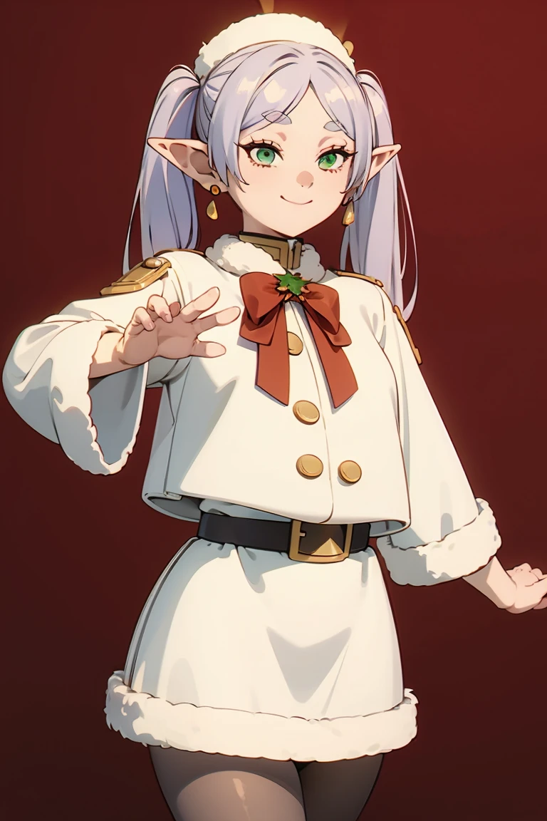 (CRU photo, best qualityer), , work of art, extremely delicate and beautiful, extremely detaild, CG, unity , 2k wallpaper, incredible, standing alone, 1 girl, detalhes fiphis, drlight smile, ultra detali, high resolution, absurderes, smooth light,beautiful detailed girl, detailed fingers, beautiful detailed nose, luz phi rosto, wz_fast_phi_freeze_styled, twintails, pretty long hair, silver hair, pointy ears, Leprechaun, White caplet, greeneyes, black pantyhose, aretes, white skirt, waist belt, white sleeves, (((christmas))),  Christmas hat, Fundo de christmas,
