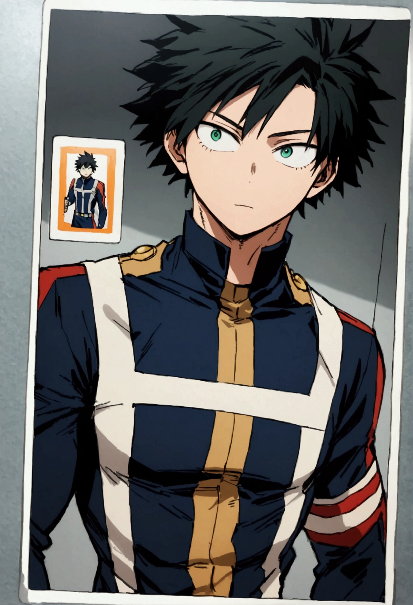 He is a teenager, Hightly disheveled very black hair..., somewhat light green eyes, (front angle ), ID student card photo , muscular body , He is dressed the anime uniform "my hero academia"