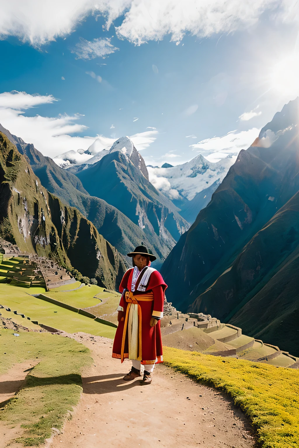 Create an image that has the word bicentennial of Peru, In this landscape you can see a character with a typical costume from the Peruvian mountains within a Peruvian landscape