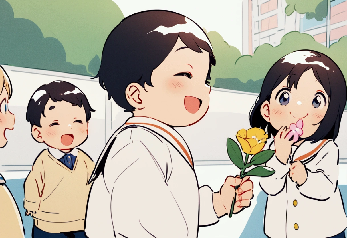 Candid. 2 children wearing white sailor Pre-School uniform, happy face, gossiping with his 3 friends, holding flower, wearing shoes. In kindergar