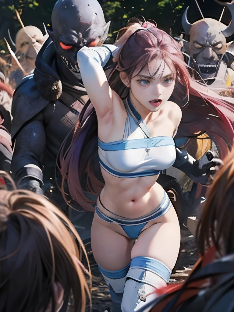 Highest quality、Captured by mutants、Surrounded by mutants、defeat、Beautiful woman with very long purple hair、White Armor（Medium breast、Off the shoulder、No sleeve、No elbow pads、Belly button、High Leg、Exposed thighs）、White Armorのブーツ、Tears overflow、Frightened expression、run away、Attacked by mutants 1:5、Many violent mutants 1:5、The mutant grabs him by the arm.　Mutant attacks from behind、Mutant grabs leg、Mutant Swarm 1:5、darkness、another world、Dark fantasy、Pitch black hell