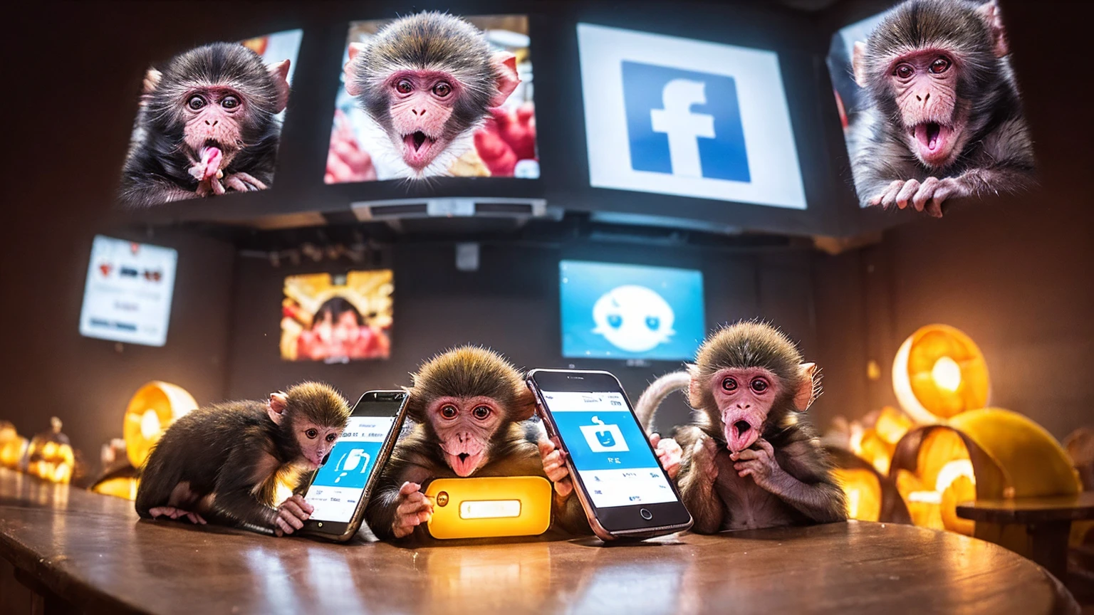A vibrant scene of monkeys, aliens, and a group of humans, male and female, enjoying social media. While looking at their phones, a variety of emotions are expressed: some are angry, some are making money, and some are laughing. The background is pure white.