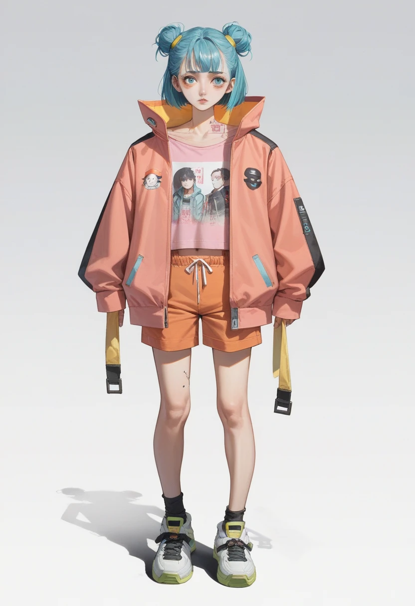 anime girl with blue hair and a pink shirt and orange shorts, cyberpunk anime girl in hoodie, anime style character, anime full body illustration, cyberpunk anime girl, style of jet set radio, modern anime style, full body portrait of a short!, female cyberpunk anime girl, she is wearing streetwear, urban girl fanart, made with anime painter studio, style anime