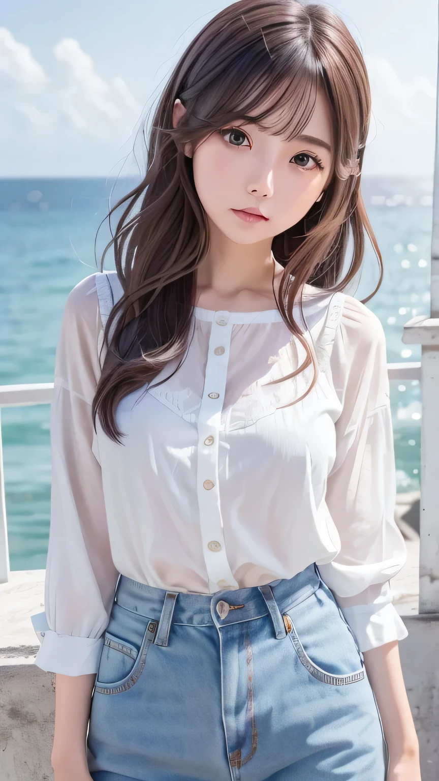 (((32k,Attention to details,Attention to detail、masterpiece,Attention to detail,alone))),RAW Photos & Realistic atmosphere,beautiful dark blue eyes,Mouth Details,Glossy lips,Thin eyebrows,beautiful目、Soft white skin that shines in every detail、sheの深い黒い瞳はとてもbeautiful,Lip details、とてもbeautiful顔,Very well-groomed face、A vivid face,beautiful, Long and beautiful legs,Tall models,Glowing Lips,beautiful眉毛,Infinite Reality, Realistic Young Gravure Idol,White T-shirt,Short jeans,Shorts,she'she'she'she'she'she'Very cute woman , Young Gravure Idol, Young Gravure Idol, Very beautiful and cute 21歳のbeautiful少女,Incredibly beautiful and elegant,21歳のbeautiful少女,Natural soft light,(Shiny Hair,,beautiful and kind eyes:1.5),A kind smile,Shapely breasts,Medium Long Hair,Tying up hair,beautiful posture,No makeup,Thinking Ahead,