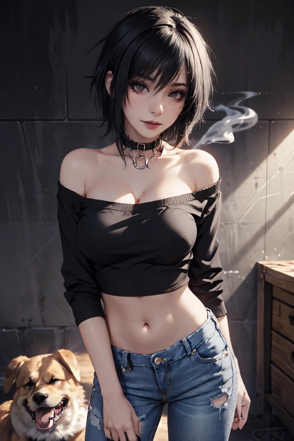 Girl, woman, emo_hairstyle, black lipstick, smocky eyes, dog collar, eyeliner, eye shadow, realistic lighting, short hair,  jeans, punk, smirk. Big breast, off shoulder midriff, cleavage. Standing up.