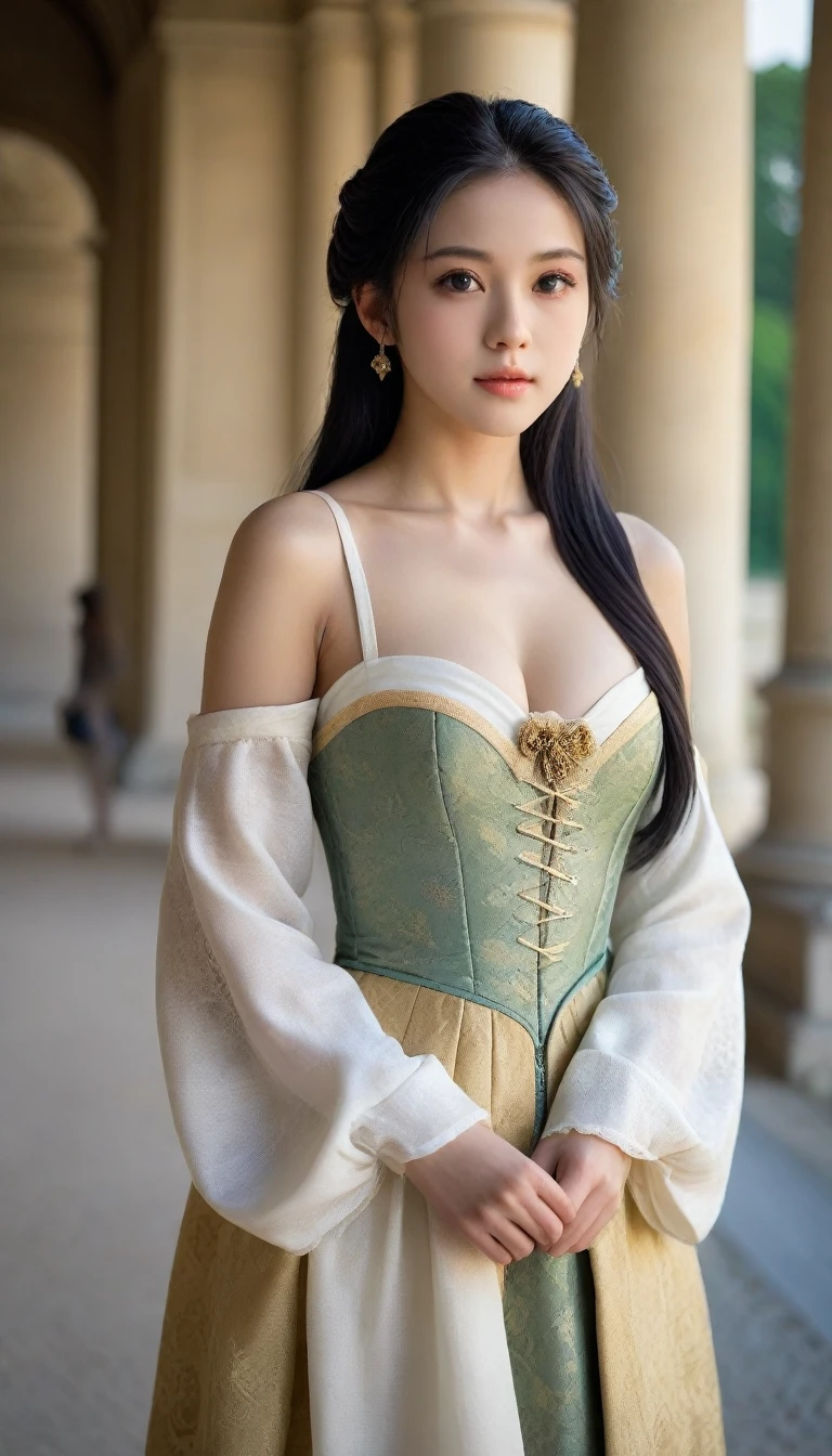 8k, Ultra-high resolution, Highest quality, masterpiece, 三分割法によるphotograph,Surreal, photograph, 1 Girl, (16 years old:1.3), pretty girl, Cute Face, Beautiful eyes in every detail, 細かくdetailedに,masterpiece,One Girl:1.2, Japan Female Announcer,upper body,disgust,Long black hair,Pulled back hair,(Dressed in medieval European clothing:1.3),(印象派の美しい少女のPortraiture), (Standing in the square of the Palace of Versailles:1.3), (After the Rain), (Sunset reflection), (Impressionist light and colour),Realistic Skin, Perfect and beautiful face ,完璧でCute Face, Skin with attention to detail, Perfect limbs、Narrow waist,Looking at the audience、beauty,Long neck,clavicle,(((Ideal body type))),A cup small breasts :2,Portraiture:2,Perfect Anatomy,鮮明なdetailed,detailed,Surreal,Light and shadow,darkness