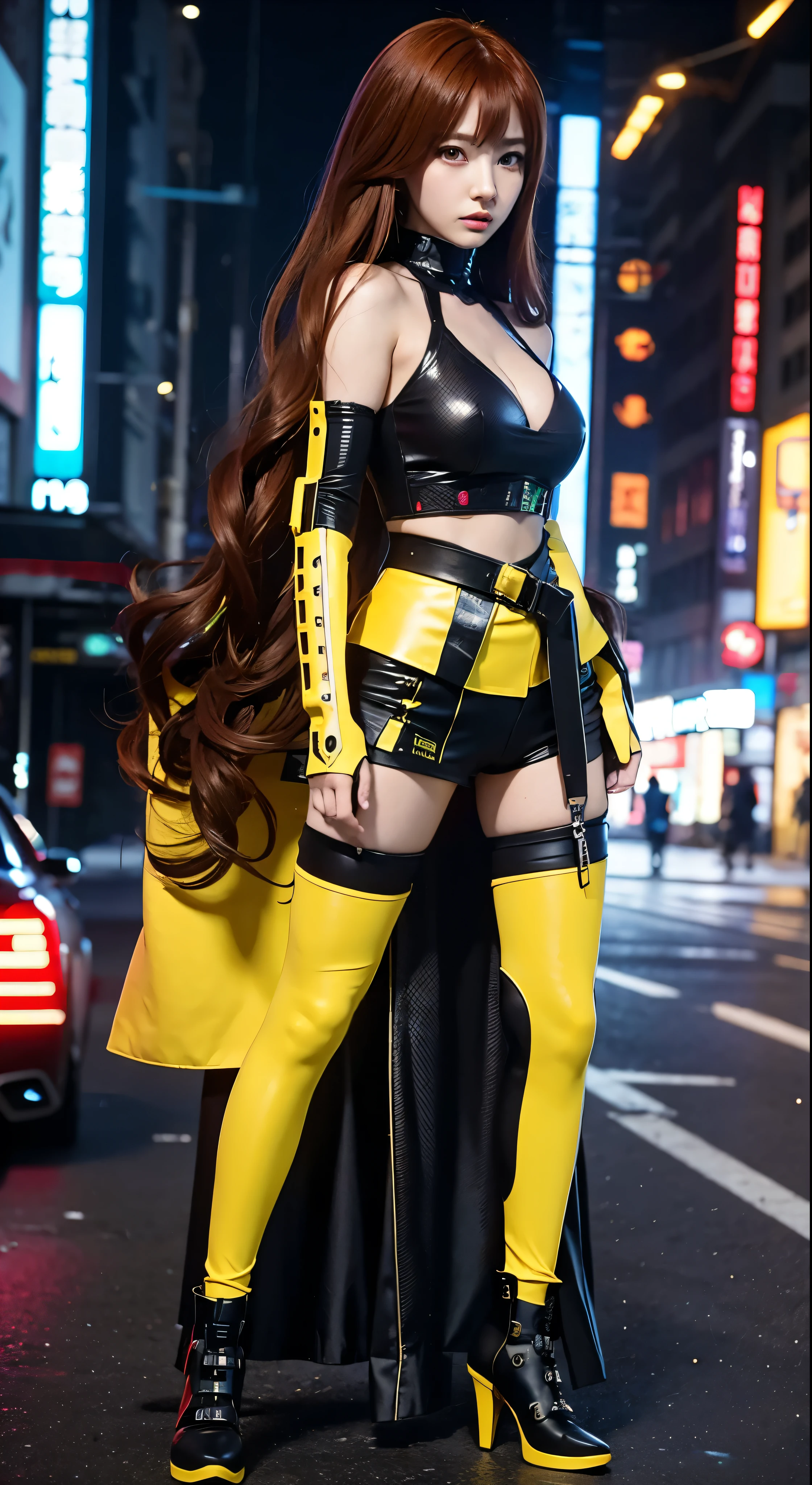 Anime girl with long chestnut hair and a pistol in the city、Digital Cyberpunk Anime Art、Cyberpunk Anime Girl Mecha、Female Cyberpunk Anime Girl、Anime Cyberpunk Art、Cute Cyborg Girl、Digital Cyberpunk - Anime Art、Anime Style 4K、Perfect android girl、Cyberpunk Beauty、Beautiful girl cyborg，　The costume is yellow body armor.
