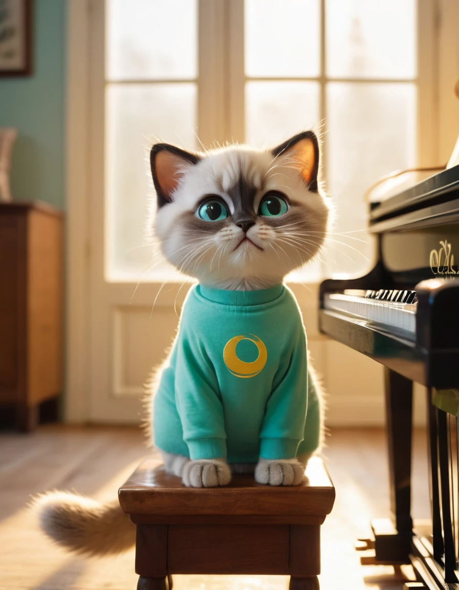 An anthropomorphic Persian Siamese kitten standing on a wooden stool playing the piano, wearing a green T-shirt with an "Opel" logo and short light blue pants, in a cozy room, with his hands gently placed on the piano, while appearing to lead a silent piano performance. Soft morning light streams in through the window, casting a warm glow on the scene. The cat's expression is concentrated, the whiskers move with concentration, as if lost in the melody, full HD, 8k full shot image