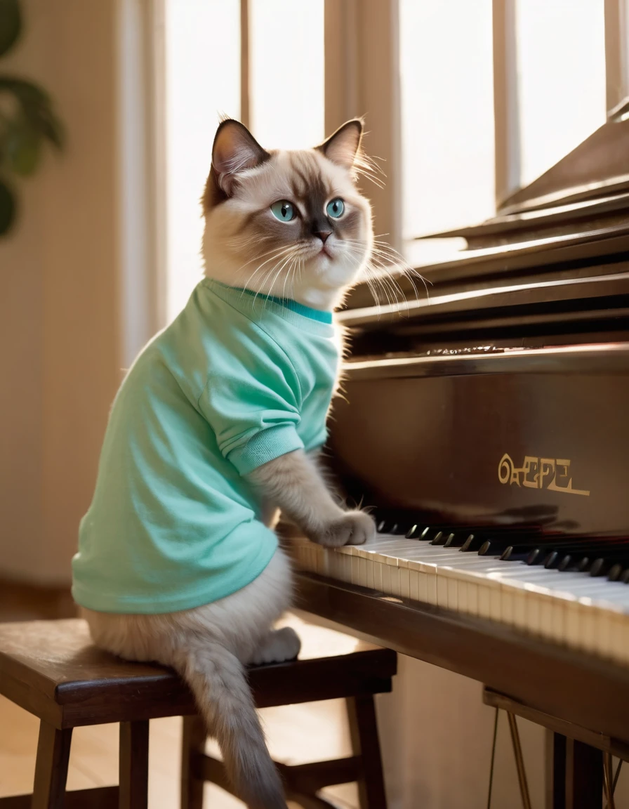 An anthropomorphic Persian Siamese kitten standing on a wooden stool playing the piano, wearing a green T-shirt with an "Opel" logo and short light blue pants, in a cozy room, with his hands gently placed on the piano, while appearing to lead a silent piano performance. Soft morning light streams in through the window, casting a warm glow on the scene. The cat's expression is concentrated, the whiskers move with concentration, as if lost in the melody, full HD, 8k full shot image