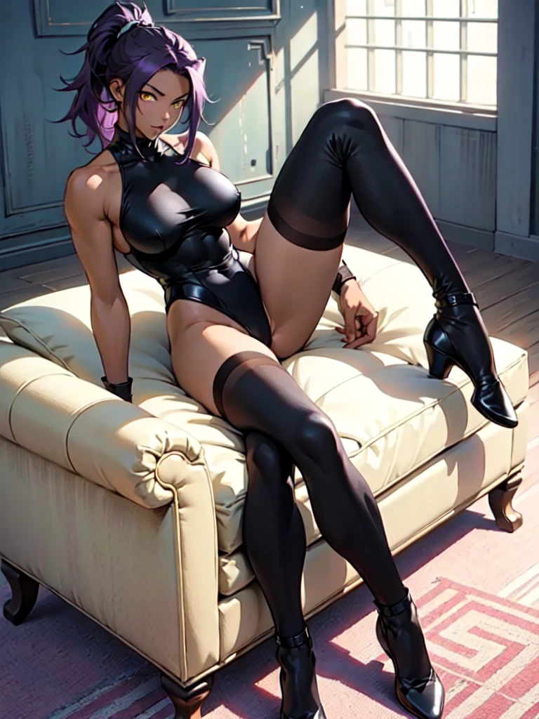 1girl, sofa, sitting, legs crossed, bodysuit, black bodysuit, bare arms, bare shoulders, (large breasts:1.2), yoruichi shihouin, dark skin, dark-skinned female, ponytail, purple hair, yellow eyes, (black leotard:1.4), thighhighs, full body, ((Leg Crossing ))