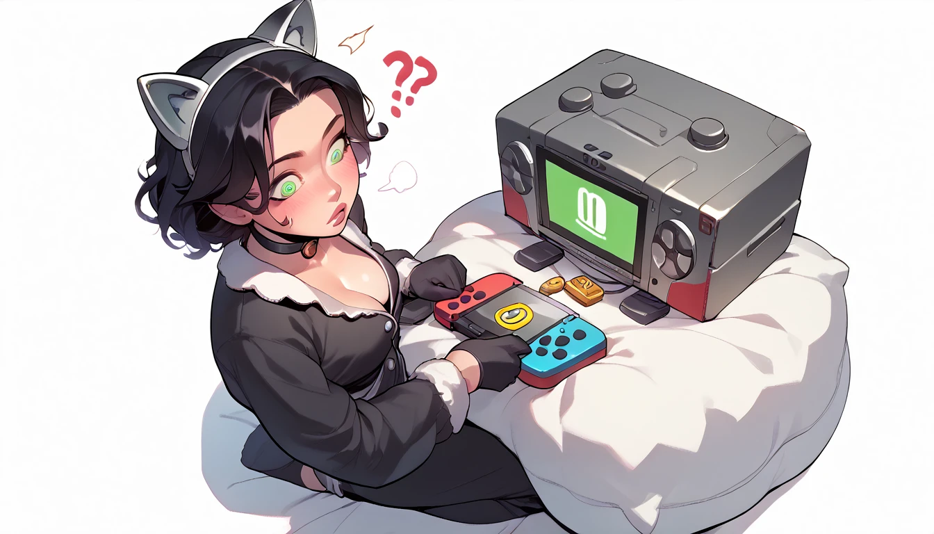 punctuation_9, punctuation_8_High above, punctuation_7_High above, punctuation_6_High above, punctuation_5_High above, punctuation_4_High above, 1girl, Nerd,Bblack hair, shorth hair, a cartoon image of a woman(dressed as a black cat)with a big chest, sitting on the cushion (de cor cerulean), white scenario, with Nintendo switch in hand, fluffy chest, in pajamas(dressed as a black cat), anime cel shaded, Covered breasts and SFW, wearing pajamas(sitting on the cushion (de cor cerulean), with a Nintendo Switch in hand), Kantai Collection Style, anime moe art style, white_mitts, seductive anime girl((dressed as a black cat)), brincando with a Nintendo Switch in hand, playing on it(spiral eye)White background,Sitting on a cushion(cerulean).