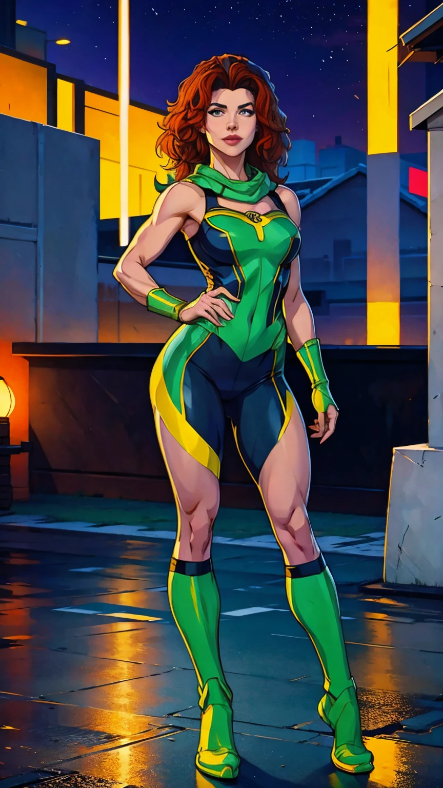 ((Full body photo, standing, feet on the ground)) (best quality, 4k, 8k, high resolution, cyclist body, masterpiece: 1,2), ultra-detailed, (realistic, photorealistic, photorealistic: 1, 37), full body photo, Rogue, X-Men, yellow high boots, beauty pose, standing, show feet, outside, city roof at night, green bandana
