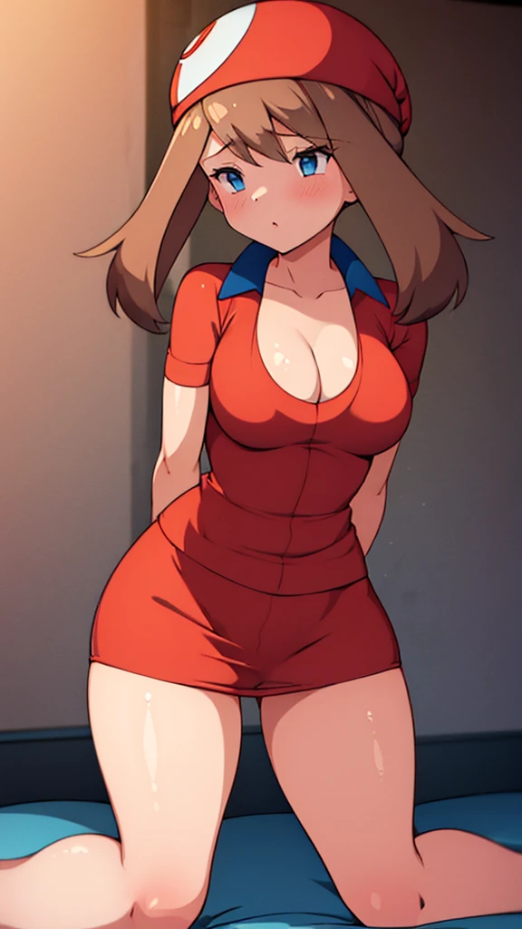 ((Girl having intense vaginal sex with man:1.3)), One girl, 22 years old, May Pokemon, red bandana, Brown Hair, short hair, Blue eyes, Big Breasts, Chest cleavage, Bounce, Thighs, indoor, 32K,Super detailed,Ultra-detailed, The perfect Mei, Red clothes,Navy blue leggings under a short white skirt, Mei's outfit, whole body, , {{A Pokemon trainer sees May passing by and has Metamon transform into an adult May and engage in intense vaginal sex with her.}}, NSFW