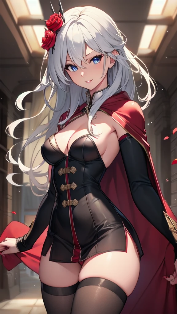 masterpiece, best quality, solo girl, silver hair, blue eyes, long hair, medium breasts, sexy body and face, wavy hair, smile, parted lips, red lips, ribbon, crown of thorns, thorns, (red cape, dress flower), detached sleeves, hair flower, hair ornament, long sleeves, black corset, long skirt, red dress, rose, strapless dress, long skirt, thighhighs, thighlet, red nails, dress flower, black thighhighs, mksks style, beautiful background, orchestra, indoors, sexy pose, cowboy shots, sharp focus, ultra-detailed body, face, and eyes, vibrant, creative, dynamic, high definition, high resolution, 8k, (Upscale: R-ESRGAN 4x+ Anime6mage enchance:4x), voluptuous body, cinema lighting, looking at the viewer, (realistic:1.4), (beautiful detailed face, beautiful detailed eyes, volumetric lighting), 