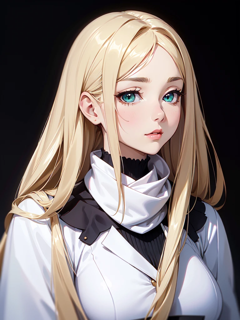 (((Portrait Photo))), She has a Gentle and Refined Appearance of a 15-Year-Old, with a Delicate and Graceful Build that Radiates Elegance. Her Long, Straight Blonde Hair Flows Smoothly Past Her Shoulders, Framing Her Face with a Soft and Luminous Glow. Her Large, Expressive Green Eyes are Filled with a Quiet Intelligence and a Hint of Curiosity, Giving Her a Thoughtful Aura. She is Dressed in a Stylish White Winter Coat, Paired with a Sophisticated Black Blouse, Creating a Contrast that Emphasizes Her Composed and Poised Demeanor. Her Expression is Calm and Serene, with a Slight Blush on Her Cheeks, Conveying a Sense of Quiet Confidence and Subtle Charm. (((High Quality, Dark Background))), (((Portrait Photo)))