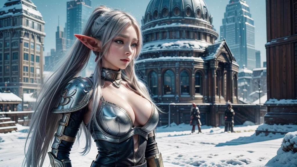 Female Elf，Close-up, Hollow future armor, 2. 5D CGI anime fantasy artwork, Large Breasts，Epic fantasy digital art style, detailed Digital 2D fantasy art, Digital 2D fantasy art, original photo, (best quality:1.3), high resolution, (masterpiece), (lifelike:1.4), Professional photography, Clear focus, High Dynamic Range, 8K resolution, Intricate details, Fine details, Depth of Field, Extremely detailed CG unified 8k wallpaper, masterpiece，poster，best quality，Official Art，（Beauty and aesthetics：1.2），（masterpiece：1.3），Female Elf，individual，complex pattern，snow，Cyberpunk style future city，Medium distance photography，（early morning），dramatic，