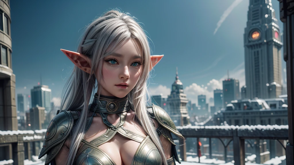 Female Elf，Close-up, Hollow future armor, 2. 5D CGI anime fantasy artwork, Large Breasts，Epic fantasy digital art style, detailed Digital 2D fantasy art, Digital 2D fantasy art, original photo, (best quality:1.3), high resolution, (masterpiece), (lifelike:1.4), Professional photography, Clear focus, High Dynamic Range, 8K resolution, Intricate details, Fine details, Depth of Field, Extremely detailed CG unified 8k wallpaper, masterpiece，poster，best quality，Official Art，（Beauty and aesthetics：1.2），（masterpiece：1.3），Female Elf，individual，complex pattern，snow，Cyberpunk style future city，Medium distance photography，（early morning），dramatic，