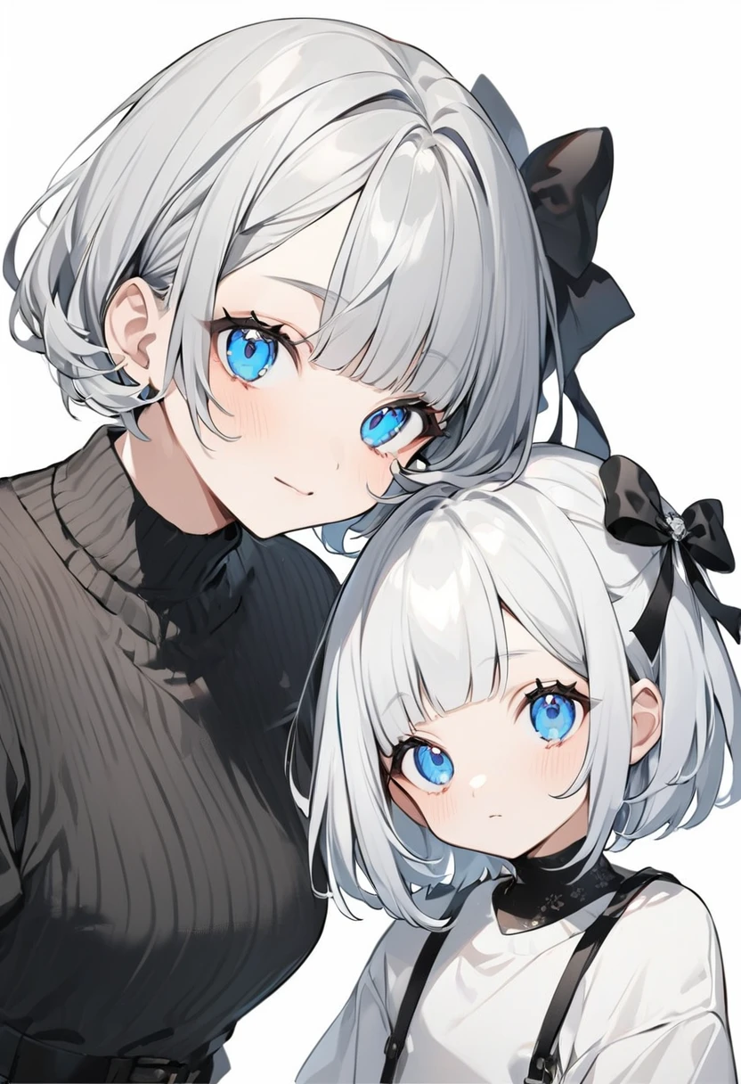 The person in the image appears to be a VTuber, an online content creator who uses virtual avatars. Her features, including her clothing, are as follows: Hair: Short silver hair with bangs. Short bob with black ribbons on both sides. Eyes: Large blue eyes with a kind, slightly closed expression. Clothing: Black short-sleeved sweater. Background: White background: Cute and elegant VTuber with short bob hairstyle.