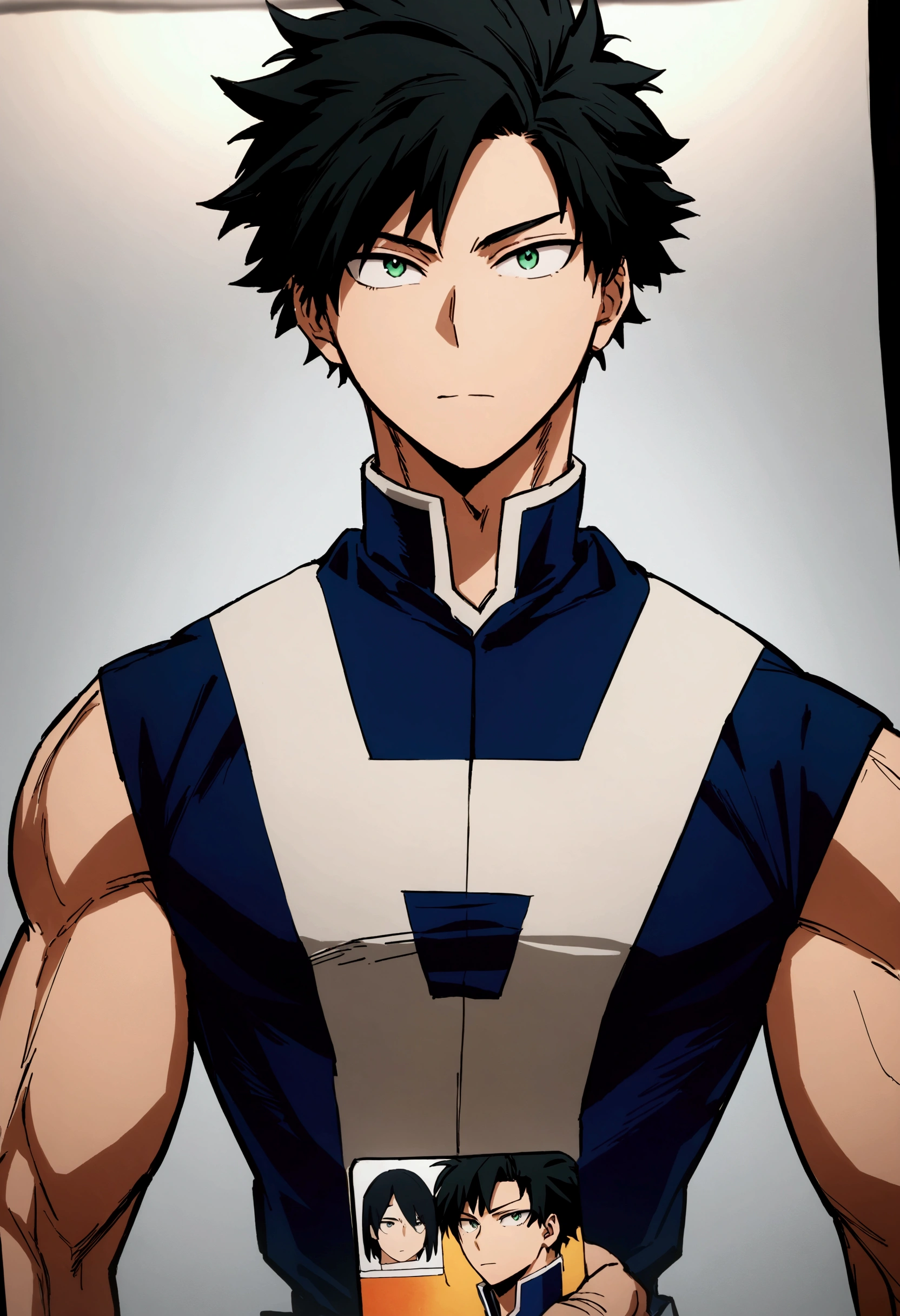 He is a , He has slightly disheveled very black hair..., somewhat light green eyes, (front angle ), ID student card photo , muscular body , He is dressed the anime uniform "my hero academia"