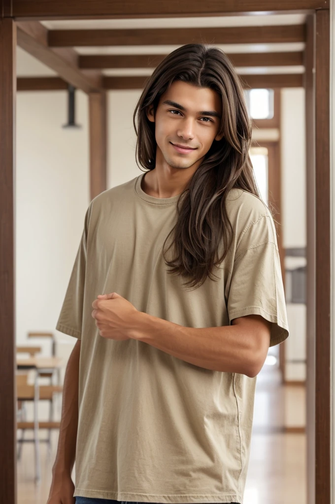 A student of average height (approximately 172 cm) with long dark brown hair. His eyes are brown and, when he uses his powers, they shine with a faint glow. Wear casual and comfortable clothing: jeans and t-shirts in neutral and light colors. The expression on his face is relaxed and friendly., transmitting a feeling of confidence and serenity.