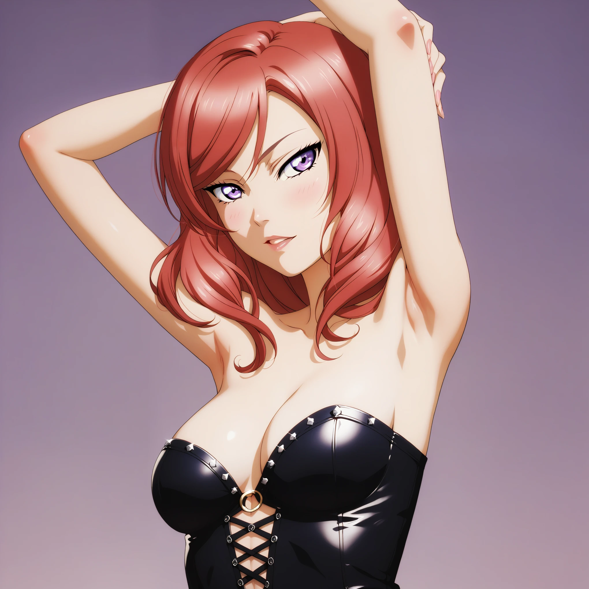 masterpiece, best quality,solo, upper body,nishikino maki,red hair, purple eyes,sexy strapless dress, standing , arms up , armpits,Sexual seduction, sexualised , simple background, busty breasts , medium breasts
