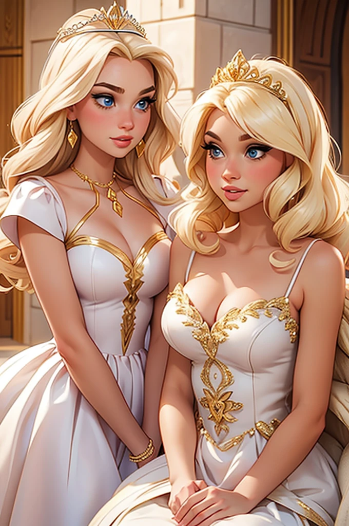 2 girls, 18yo Rapunzel with long golden hair and 36yo Queen Arianna with tied brown hair, Arianna is taller than Rapunzel, mother and daughter chemistry, Disney Princess style, standing topless,