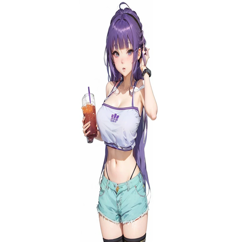 anime girl with purple hair and blue shorts holding a drink, anime moe artstyle, anime girl drinks energy drink, seductive anime girl, marin kitagawa fanart, attractive anime girl, anime full body illustration, holding a drink, with a drink, (anime girl), ecchi anime style, casual pose, an anime girl, biomechanical oppai, anime best girl