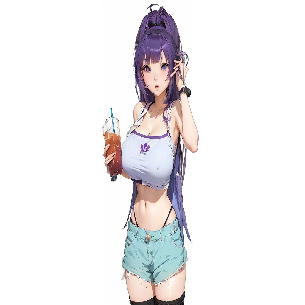 anime girl with purple hair and blue shorts holding a drink, anime moe artstyle, anime girl drinks energy drink, seductive anime girl, marin kitagawa fanart, attractive anime girl, anime full body illustration, holding a drink, with a drink, (anime girl), ecchi anime style, casual pose, an anime girl, biomechanical oppai, anime best girl