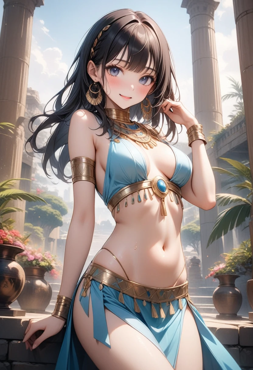 ((Belly Dance Costumes)), ((Gloss Outfit)), skinny, solo, 1 woman, Masterpiece, highest quality, highest quality, 16K, incredibly absurd, highly detailed, 2.5D, ai-generated, delicate and dynamic, very delicate facial expressions, delicate eye depiction, erotic, only sexy woman, ((A cute and kind face)), healthy figure, ((25-year-old woman)), 160cm tall, medium firm swaying bust, blush, Sweat,Embarrassed,sexy, ((thin thighs)), ((shiny and lustrous)), facing straight at viewer, smile,cleopatra, ancient Greeks, (portrait), (beautiful detailed background), detailed landscape, dutch angle, sexy, Shiny costumes, sexy pose, skindentation, Ancient Egyptian atmosphere, (visible nipples:0.5), (Erect nipples,:0.5), Dynamic poses,