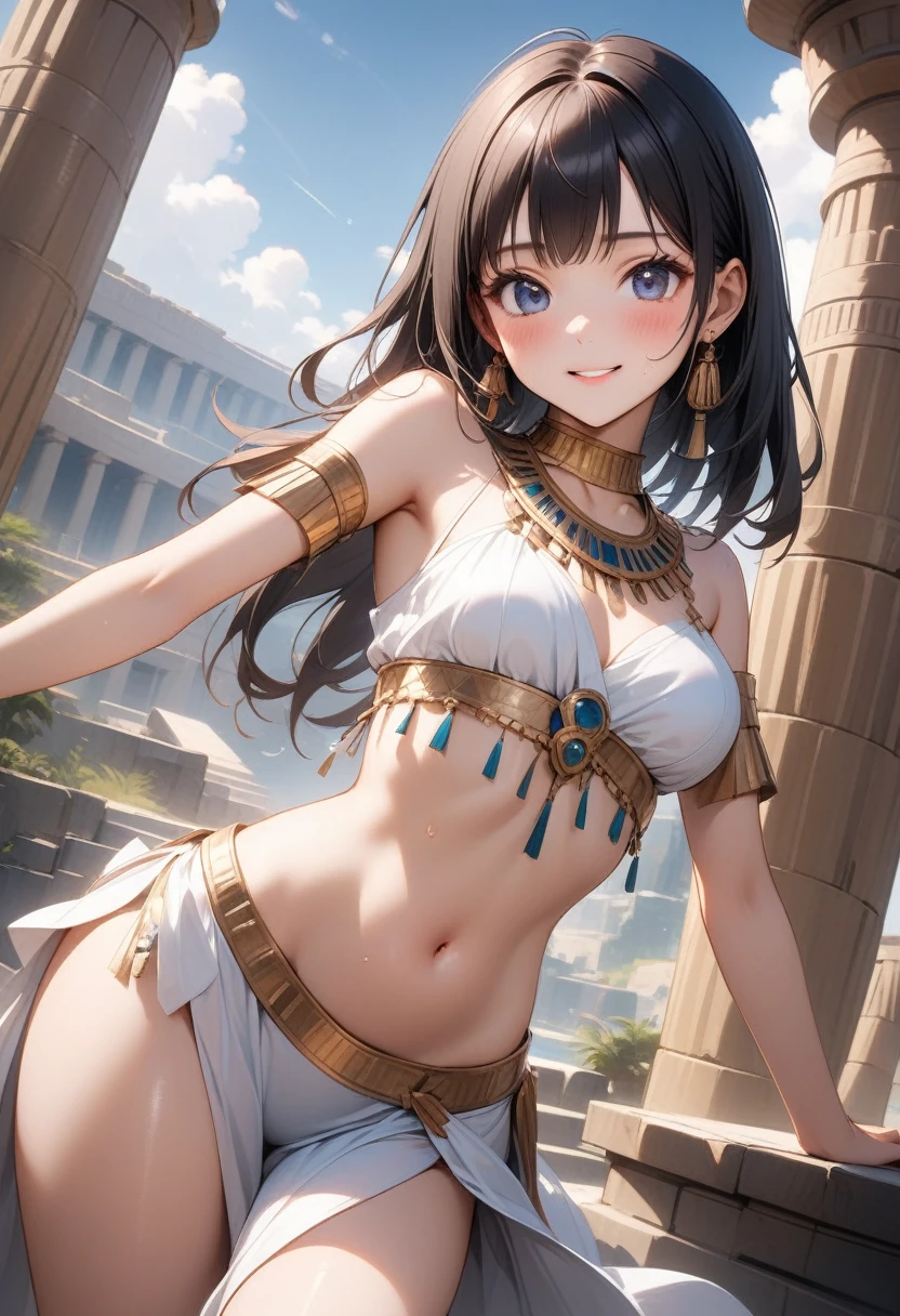 ((Belly Dance Costumes)), ((Gloss Outfit)), skinny, solo, 1 woman, Masterpiece, highest quality, highest quality, 16K, incredibly absurd, highly detailed, 2.5D, ai-generated, delicate and dynamic, very delicate facial expressions, delicate eye depiction, erotic, only sexy woman, ((A cute and kind face)), healthy figure, ((25-year-old woman)), 160cm tall, medium firm swaying bust, blush, Sweat,Embarrassed,sexy, ((thin thighs)), ((shiny and lustrous)), facing straight at viewer, smile,cleopatra, ancient Greeks, (portrait), (beautiful detailed background), detailed landscape, dutch angle, sexy, Shiny costumes, sexy pose, skindentation, Ancient Egyptian atmosphere, (visible nipples:0.5), (Erect nipples,:0.5), Dynamic poses,
