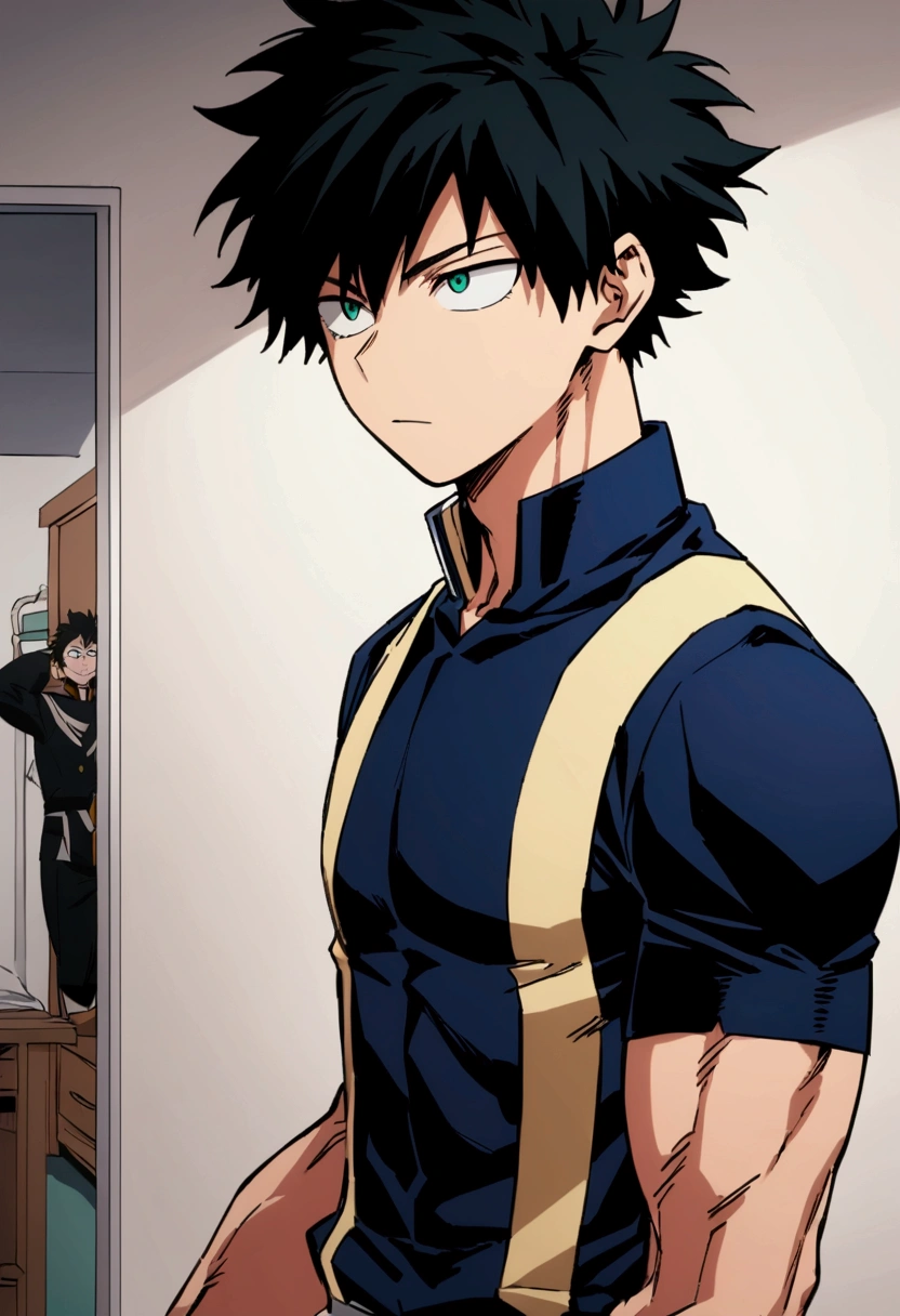 He is a 17 year old teenager, He has slightly disheveled very black hair..., somewhat light green eyes, muscular body , in the dorm, He is dressed the anime uniform "my hero academia"