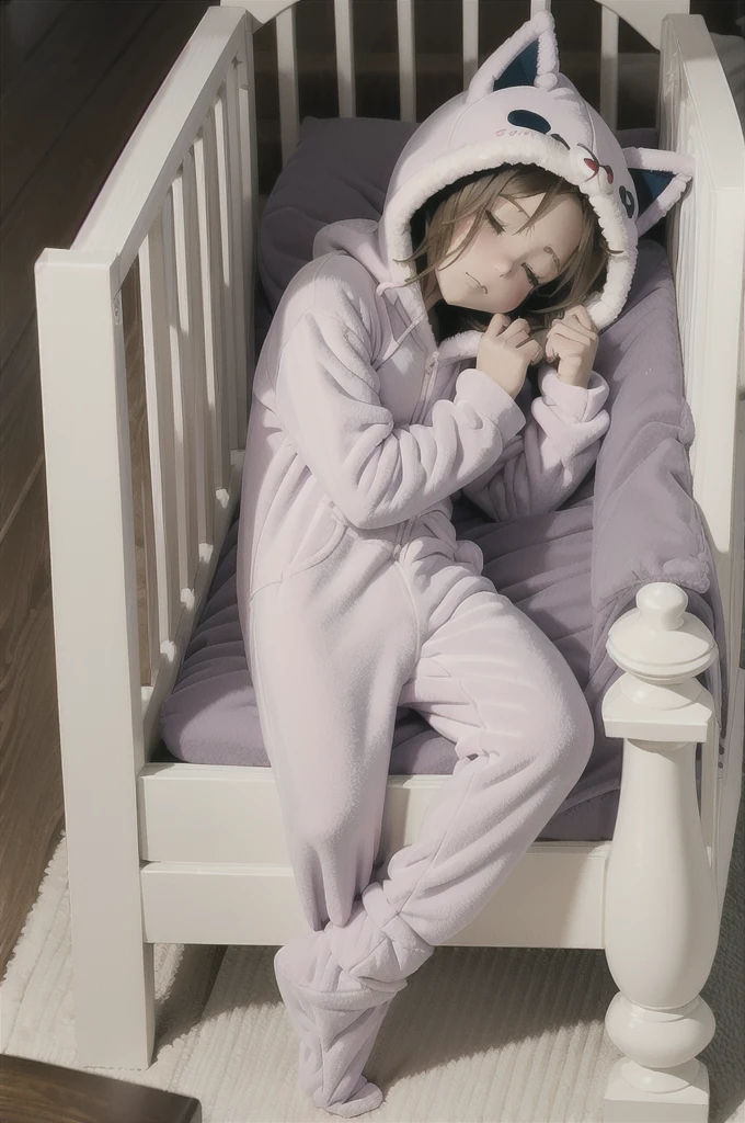An anime image of a sleeping in a large nursery room, (wearing fox hoodie-footie pjs), (((wearing a diaper))), ((sleeping soundly in a crib)), (crib), pacifier, peaceful expression, soft lighting, solo, ((1boy)), warm colors, highly detailed, extremely detailed, masterpiece, anime style, beautiful detailed eyes, soft bedding, plush fox hoodie, adorable, comfort, cozy, restful, hood up,