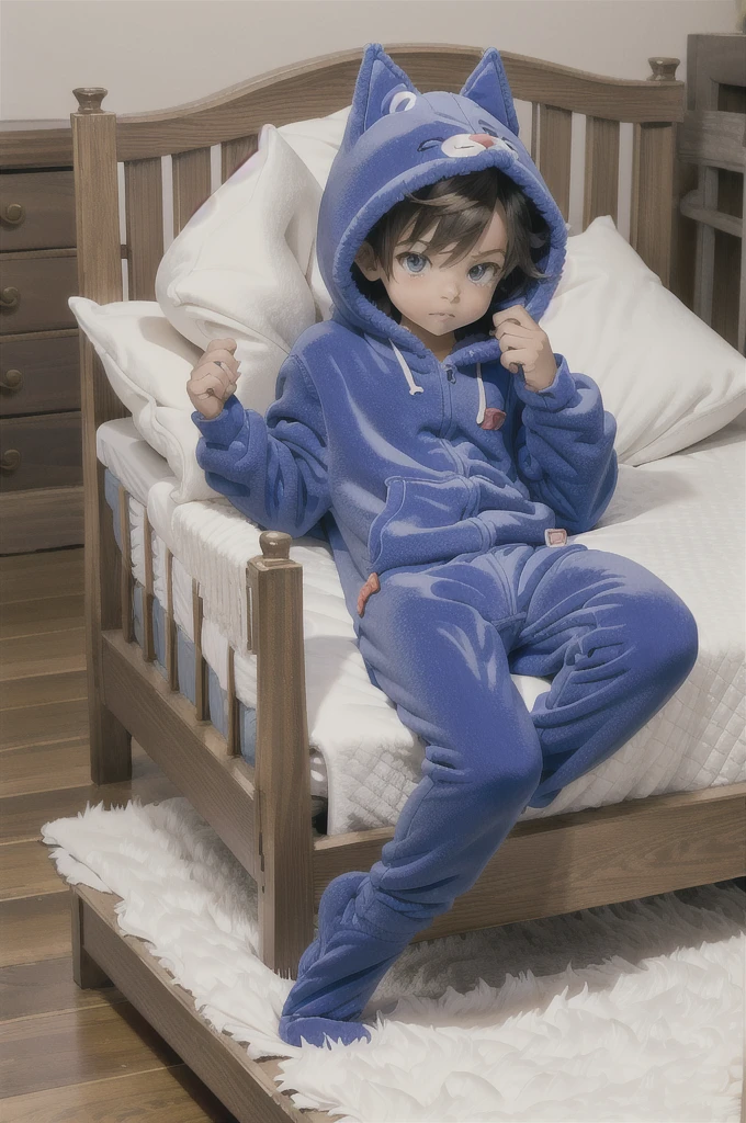 An anime image of a  sleeping in a large nursery room, (wearing fox hoodie-footie pjs), (((wearing a diaper))), ((sleeping soundly in a crib)), (crib), pacifier, peaceful expression, soft lighting, solo, ((1boy)), warm colors, highly detailed, extremely detailed, masterpiece, anime style, beautiful detailed eyes, soft bedding, plush fox hoodie, adorable, comfort, cozy, restful, hood up,