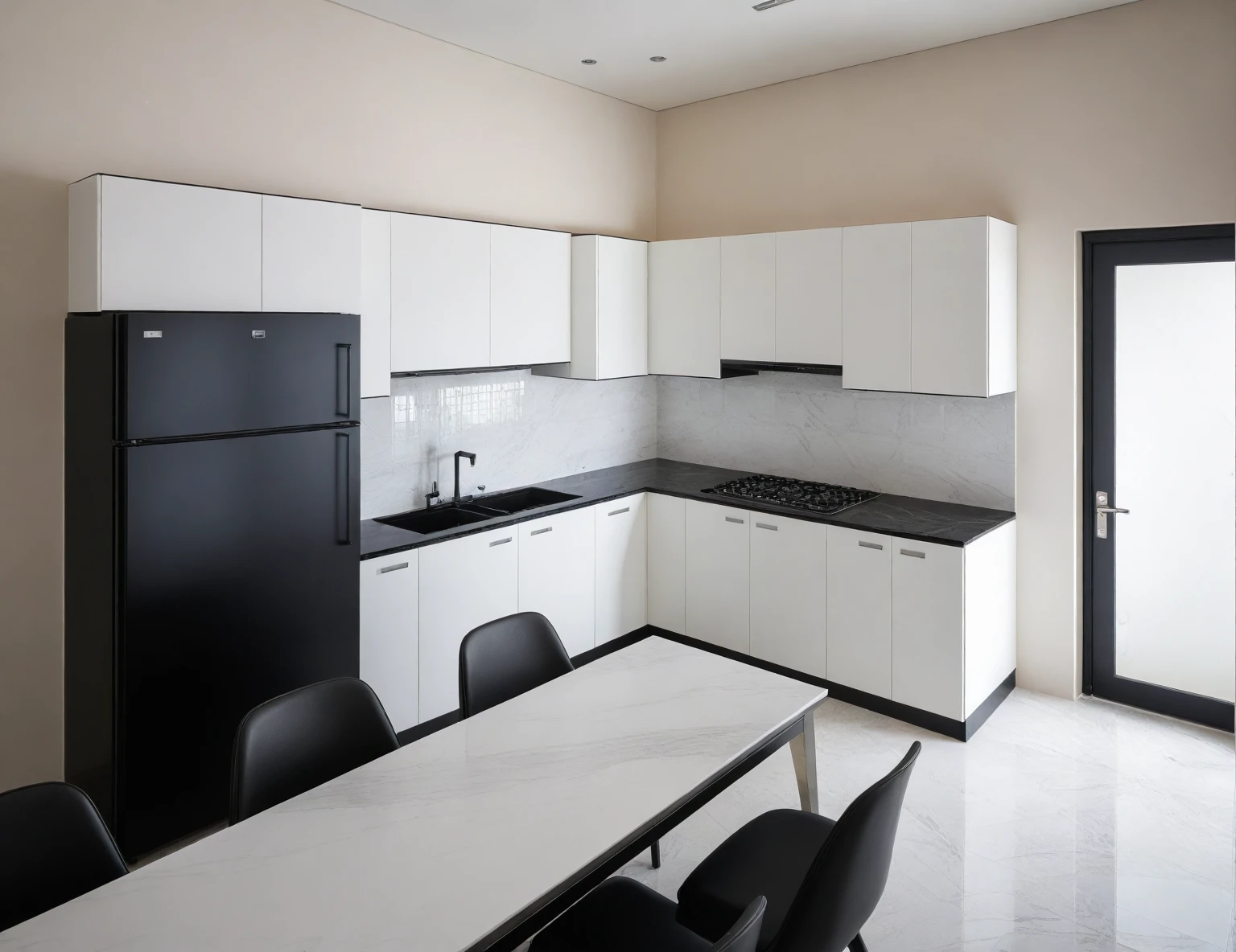 Raw photo,Masterpiece, high quality, best quality, authentic, super detail,
indoors, interior , ((kitchen and dining :1.3)), modern style, daylight, (WHITE WALL),luxury, marble tile floor, fridge, black stone counter top