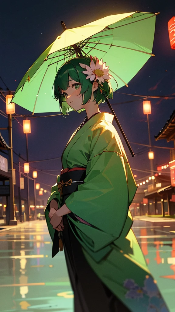 a girl with short hair, green hair, a flower in her hair, dressed in yukata, night Japanese festival background, festival lights, cinematic lighting, high definition.
