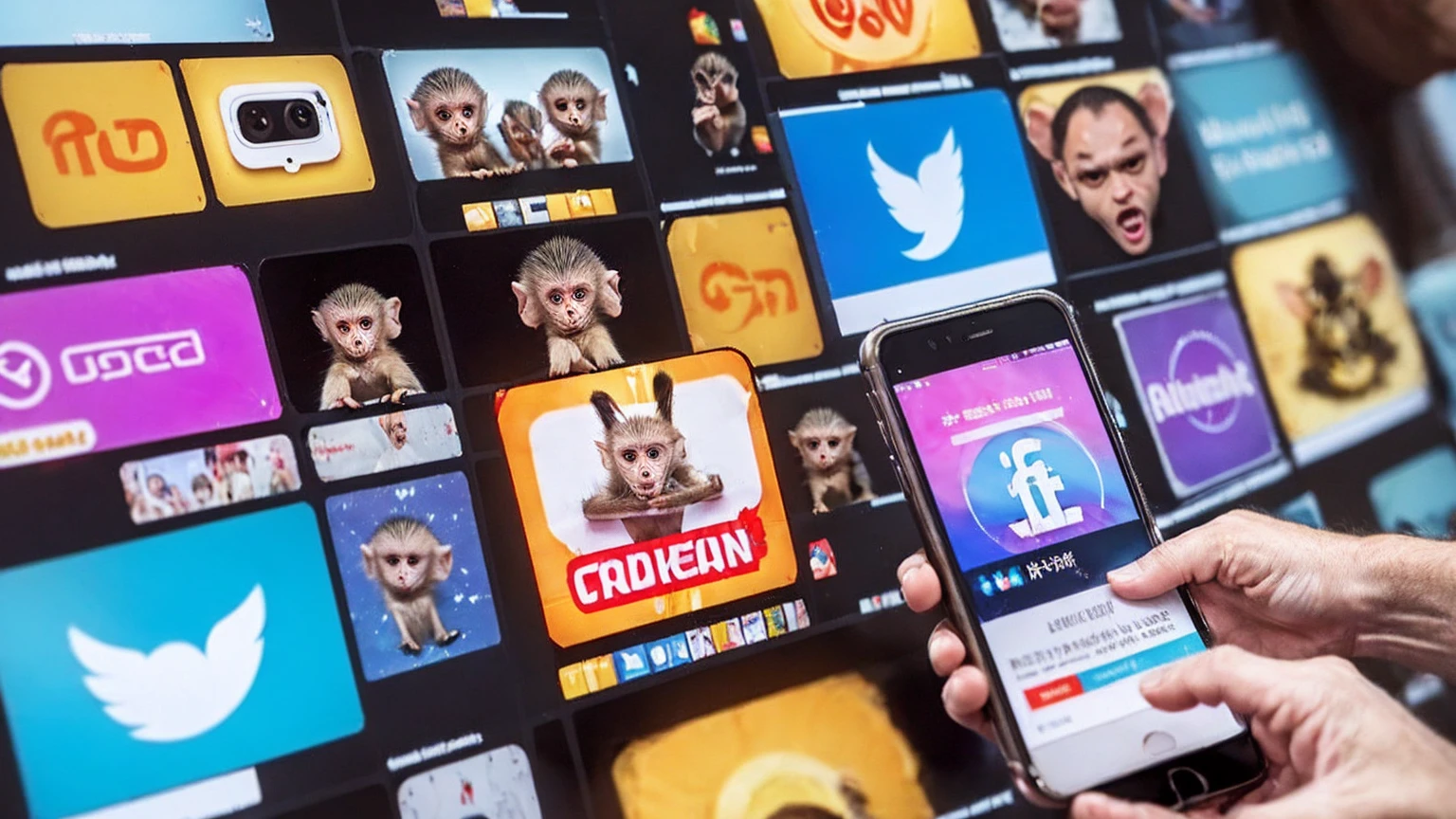 Create an illustration depicting a group of monkeys and aliens in conflict using social media. Draw a group of monkeys and aliens with smartphones, tablets, and smart phones typing furiously and posting negative comments. Some of the monkeys should have angry or malicious expressions, while some of the aliens should be laughing or having fun. The background should be a chaotic mix of digital screens displaying harmful messages and symbols of social media platforms. The overall atmosphere should convey the destructive and overwhelming nature of online harassment.