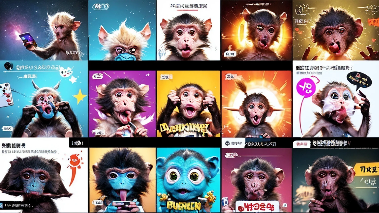 Create an illustration depicting a group of monkeys and aliens in conflict using social media. Draw a group of monkeys and aliens with smartphones, tablets, and smart phones typing furiously and posting negative comments. Some of the monkeys should have angry or malicious expressions, while some of the aliens should be laughing or having fun. The background should be a chaotic mix of digital screens displaying harmful messages and symbols of social media platforms. The overall atmosphere should convey the destructive and overwhelming nature of online harassment.