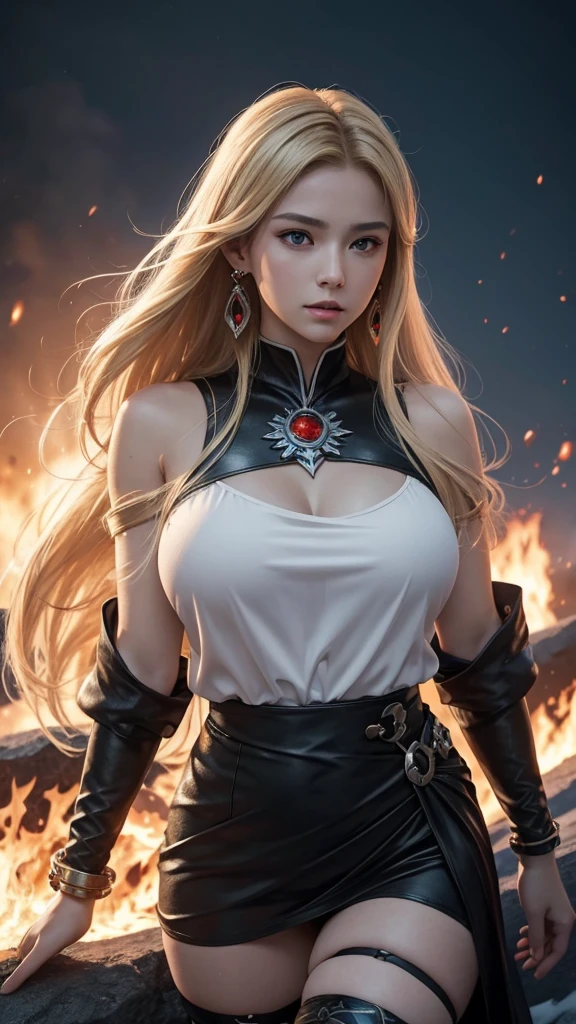 The faction that exploits the conflict between fire and ice seeks to manipulate both sides and dominate the world. They pretend to be neutral, using the battle between fire and ice to achieve their own ambitions. 8k , HD, highly detailed, realistic, photography, photo realism, --ar 9:16 -- at 6.0 --s 750、19 years old, alone, Long Hair, View your viewers, Blonde, Brown eyes, gem, whole body, Realistic, Sexy、Big Breasts 、stockings、clip on earrings,during,bracelet、embarrassed,blouse、