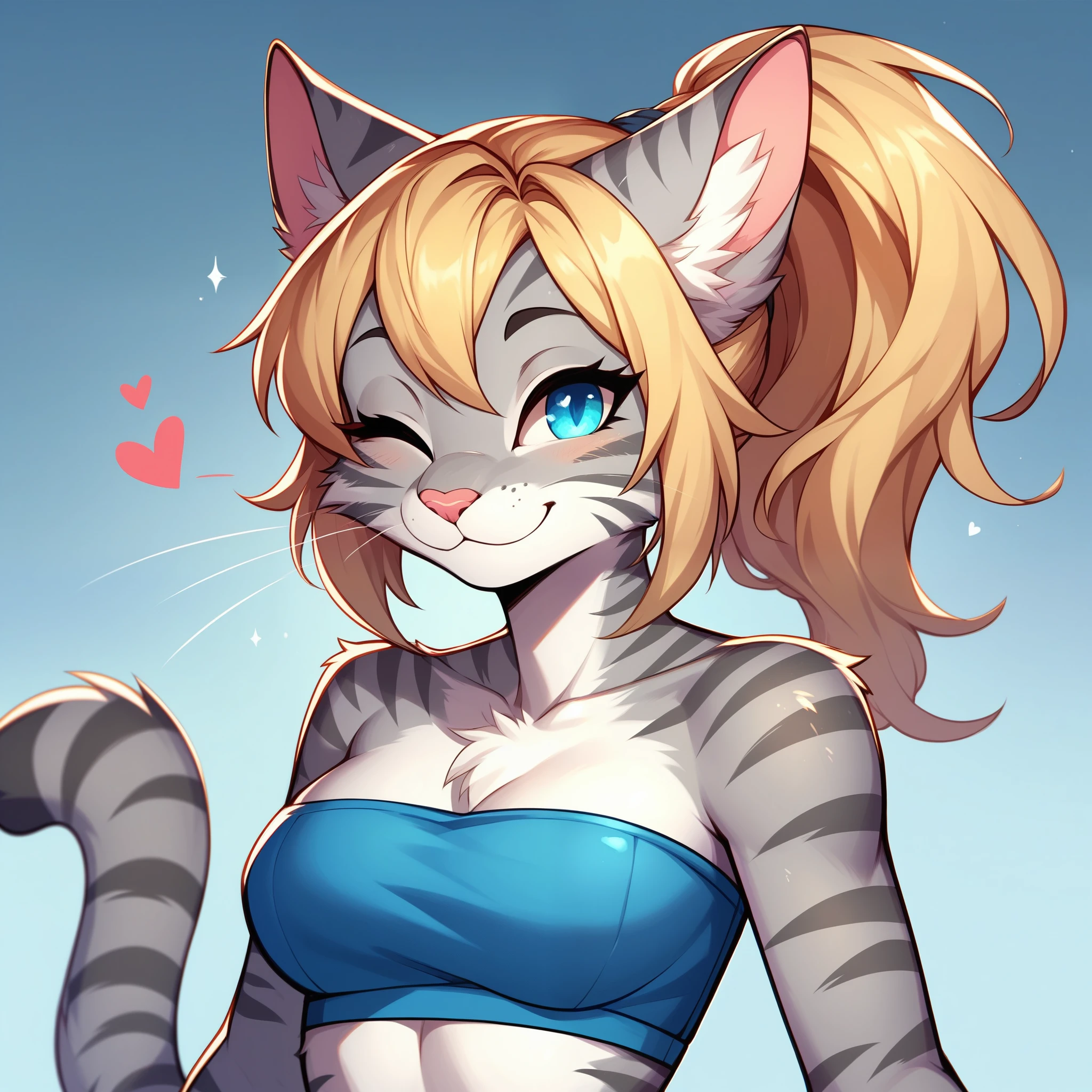 score_9,score_8_up,score_7_up, Kat, Anthro furry feline, silver fur, grey stripes on body, blonde, ponytail, pink nose, :3, wearing blue bandeau, she is winking, making a heart with her hands,