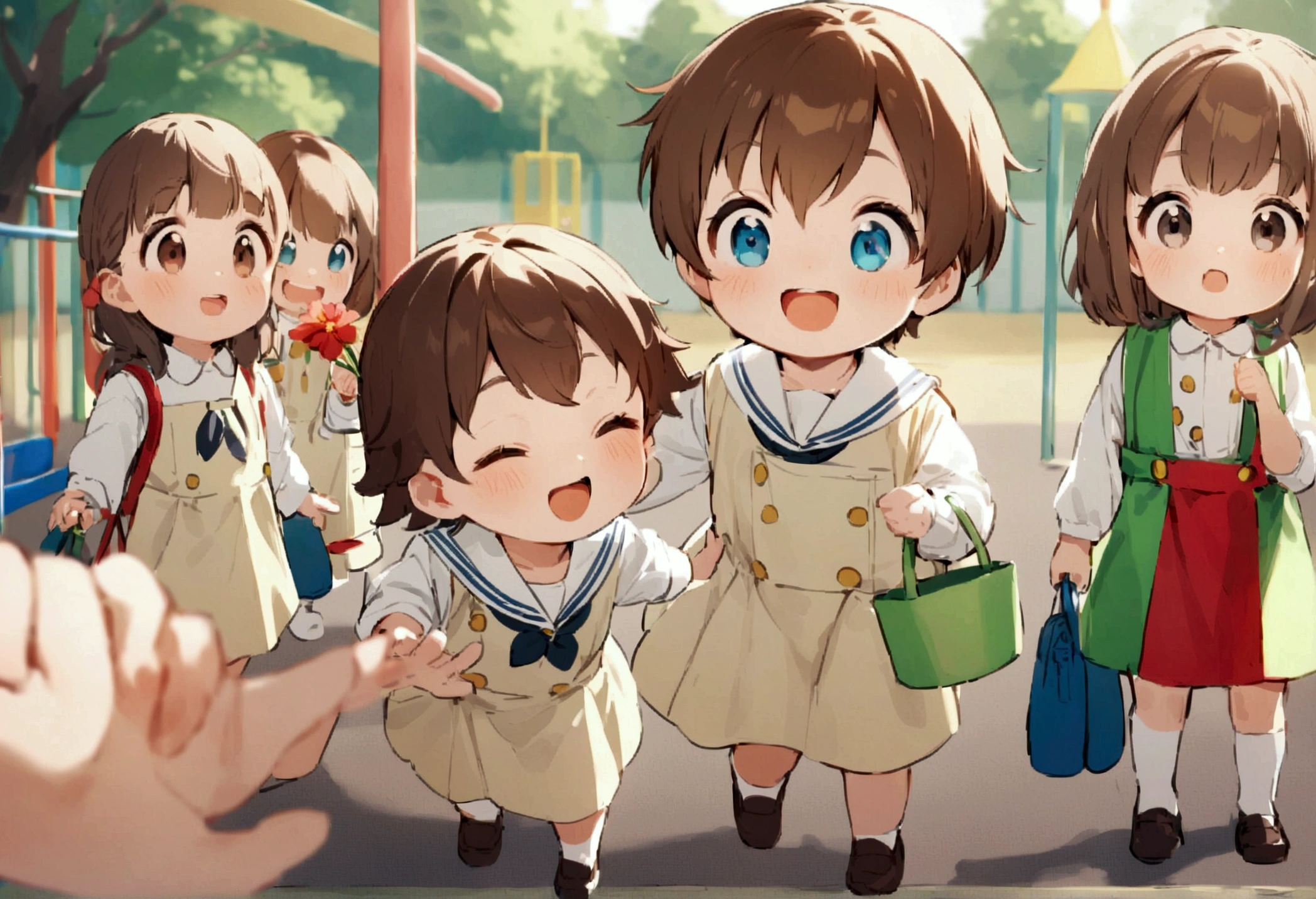 Candid. 2 children wearing white sailor Pre-School uniform, happy face, gossiping with his friends, holding flower, wearing shoes. In kindergar