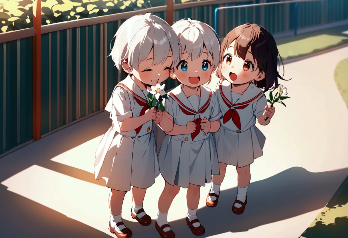 Candid. 2  children wearing white sailor Pre-School uniform, happy face, gossiping with his friends, holding flower, wearing shoes. In kindergar