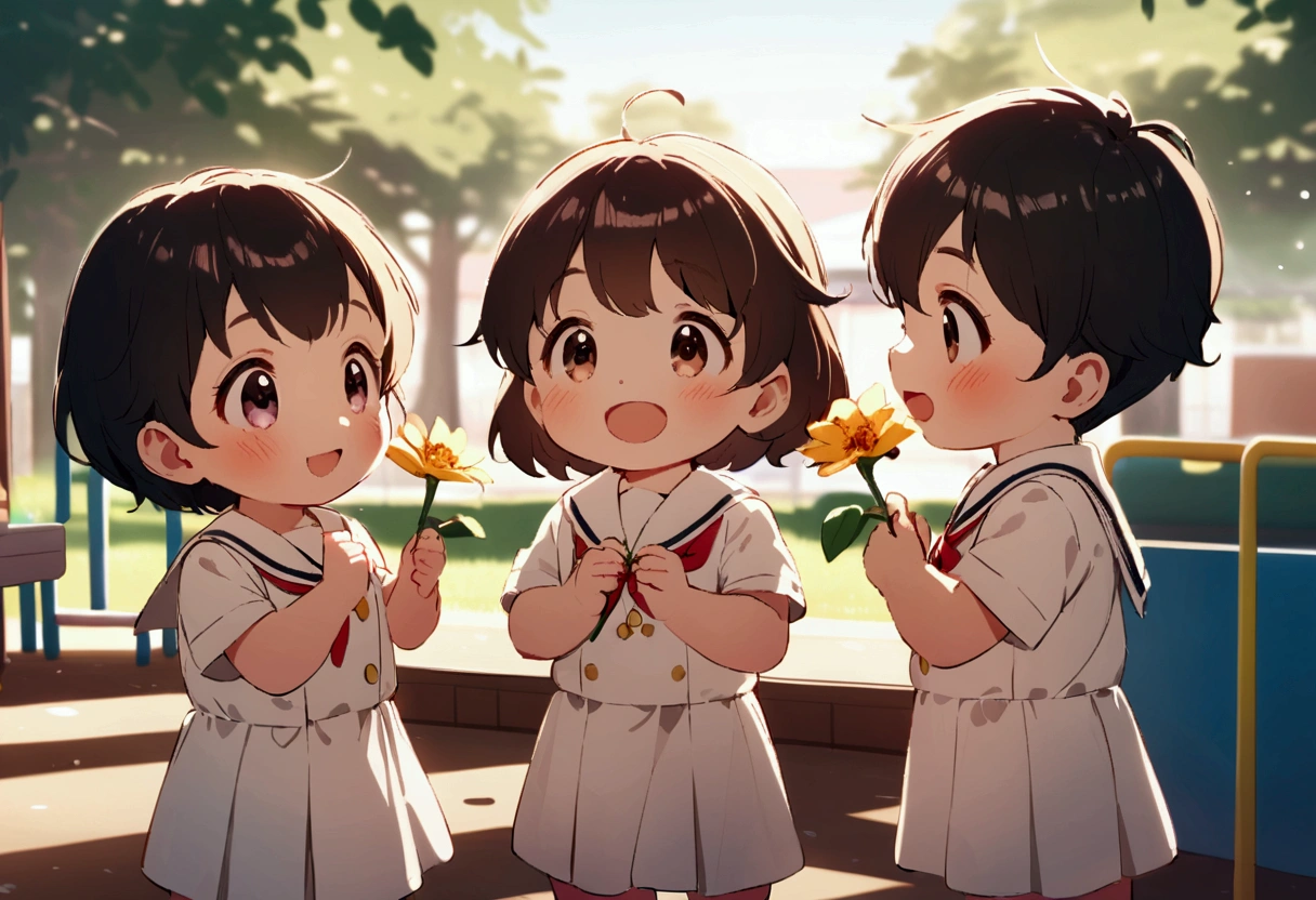 Candid. 2 years old children wearing white sailor Pre-School uniform, happy face, gossiping with his friends, holding flower, wearing shoes. In kindergarten playground.